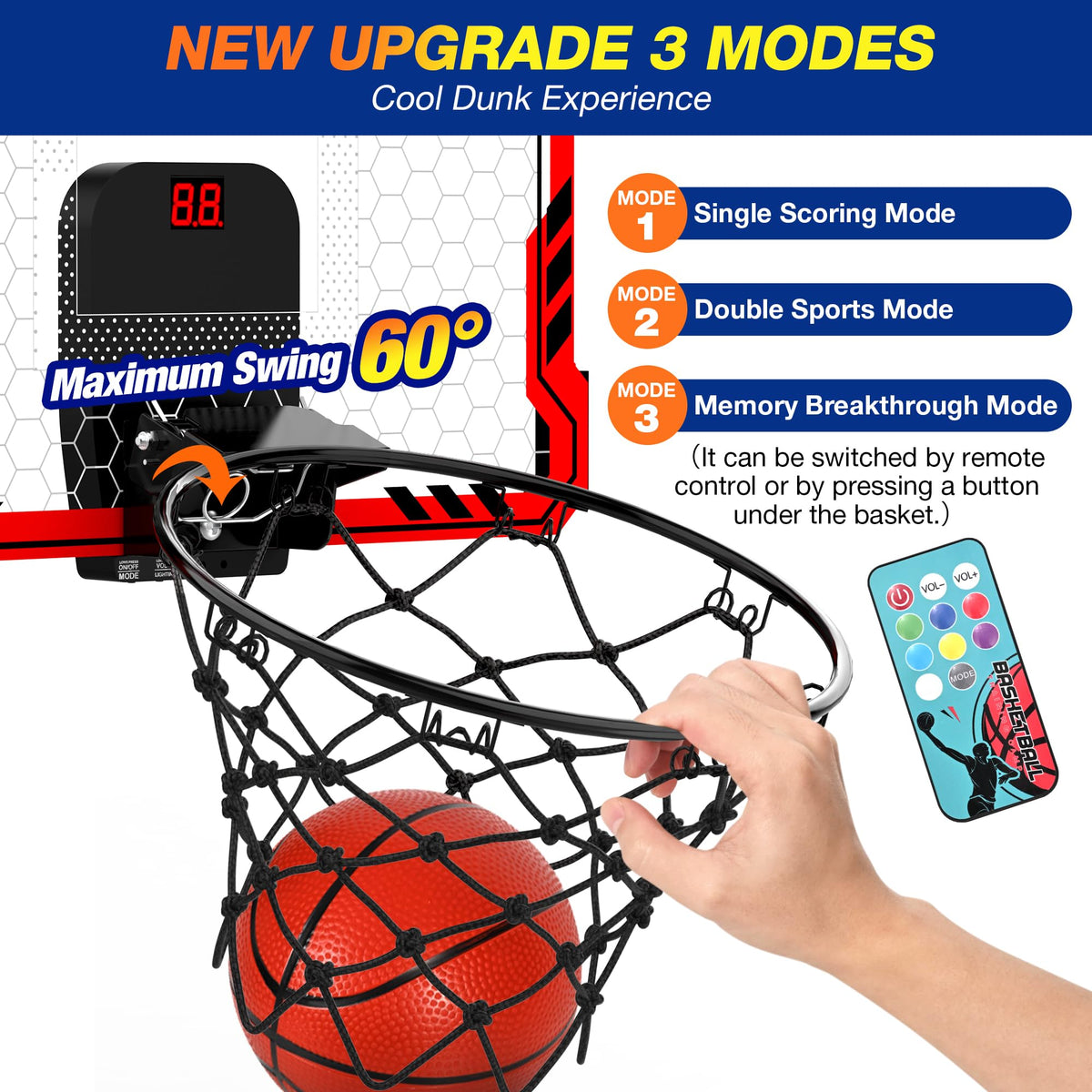 Ropoda mini hoop with 3 modes scoreboard supports kids' shooting and dunking practice.
