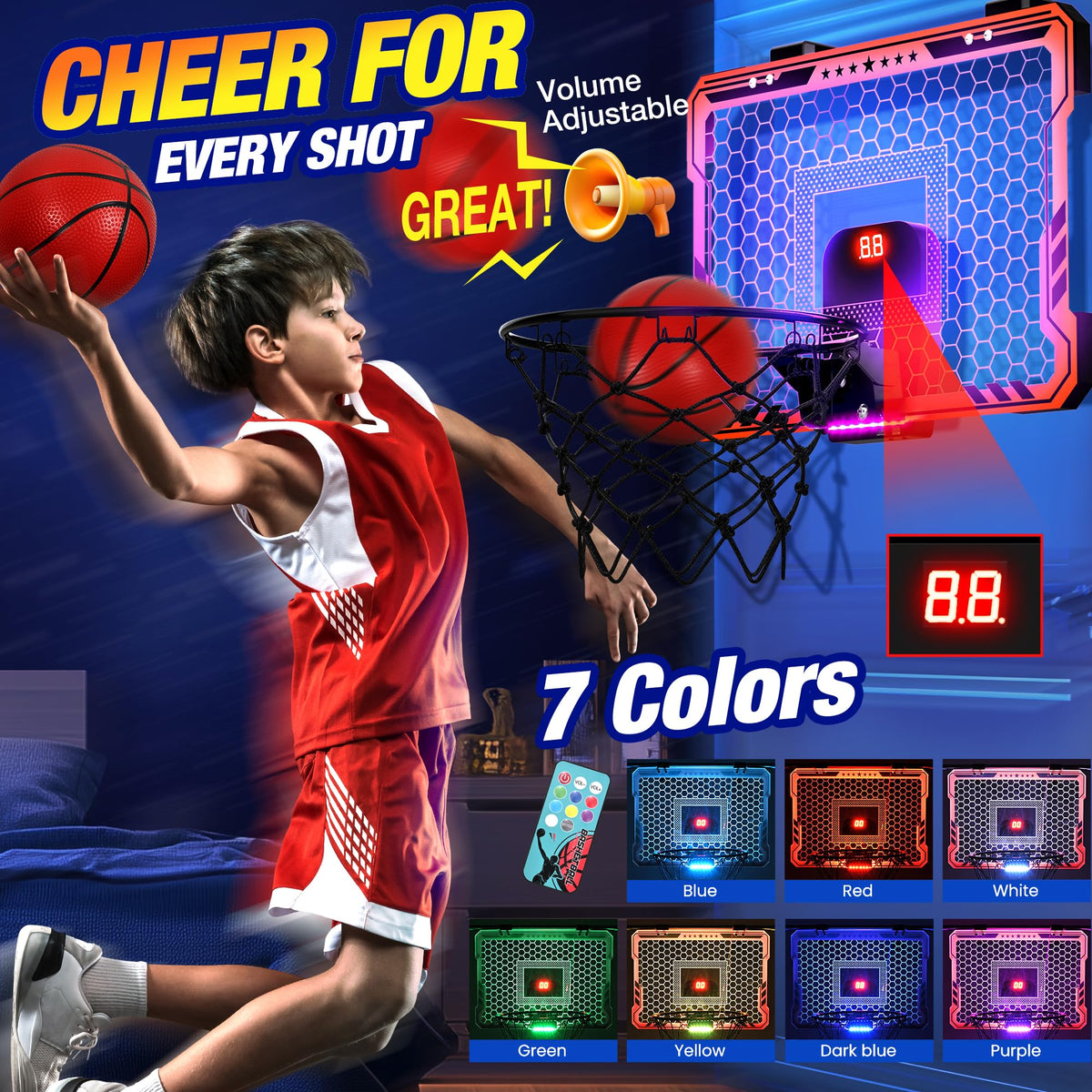 Ropoda over-the-door mini hoop includes 4 rubber balls for quick shooting games.