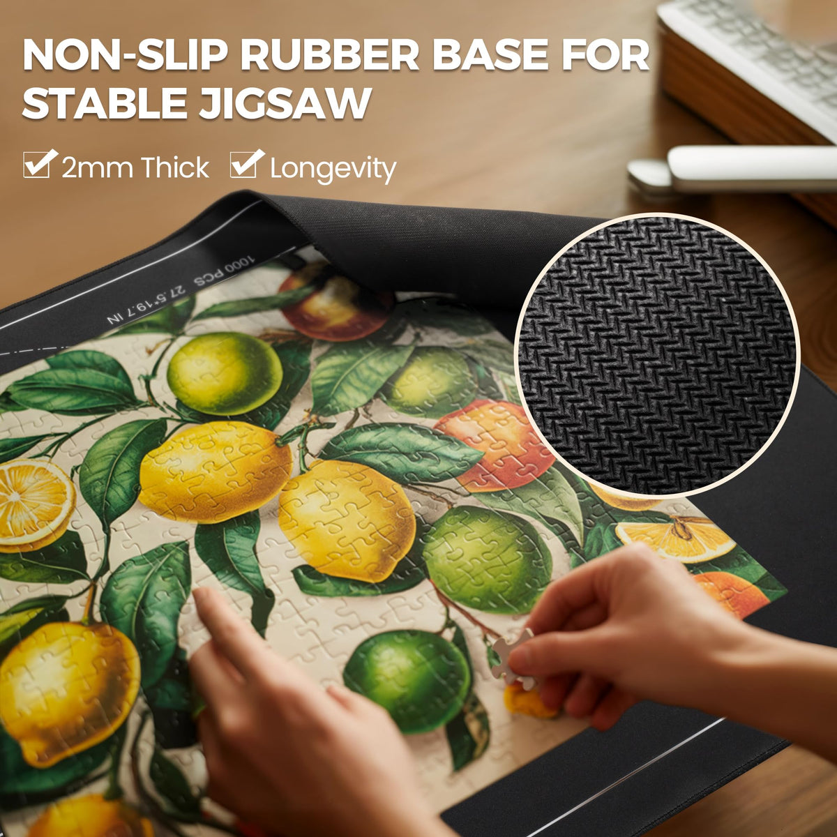 ropoda puzzle mat demonstrating non-slip base stability on a table.