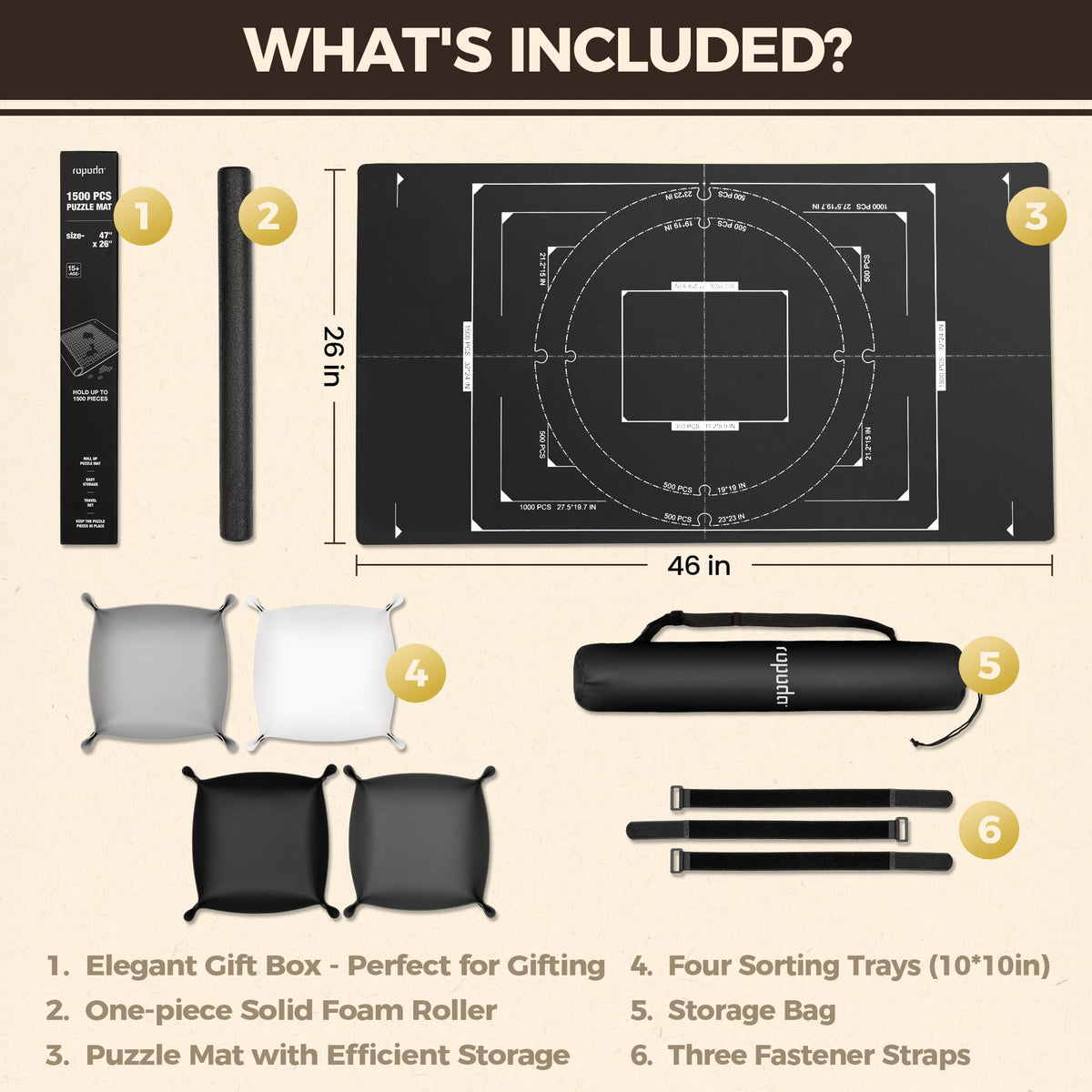 three hook-and-loop straps securing the roll on ropoda puzzle mat.