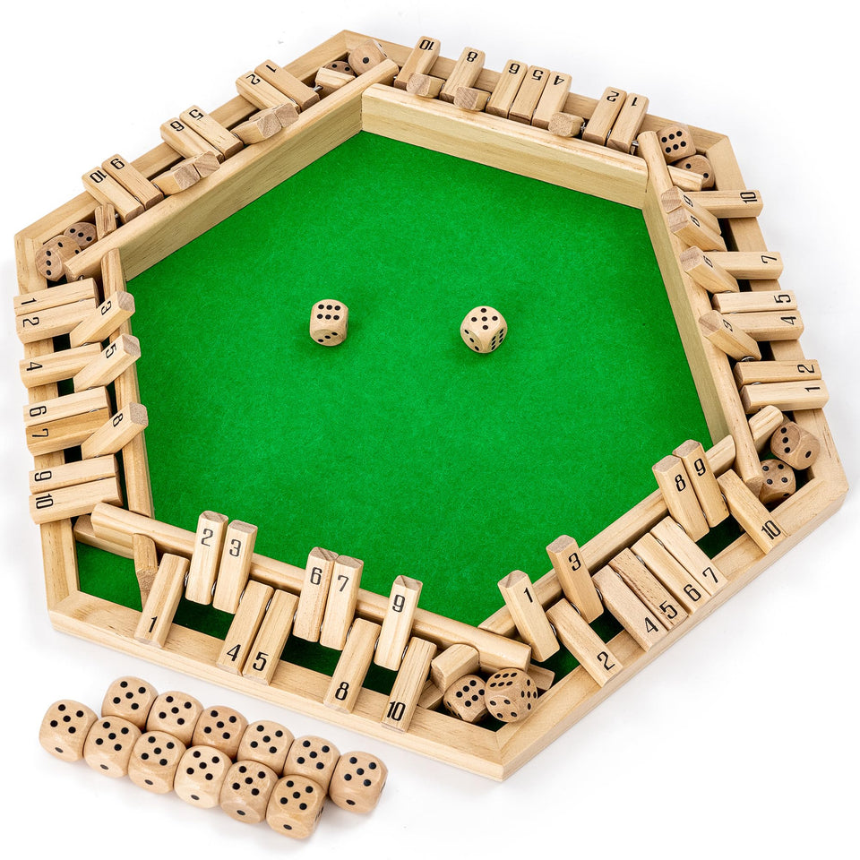 ropoda Shut The Box wooden board setup for six players, ideal for family game night.