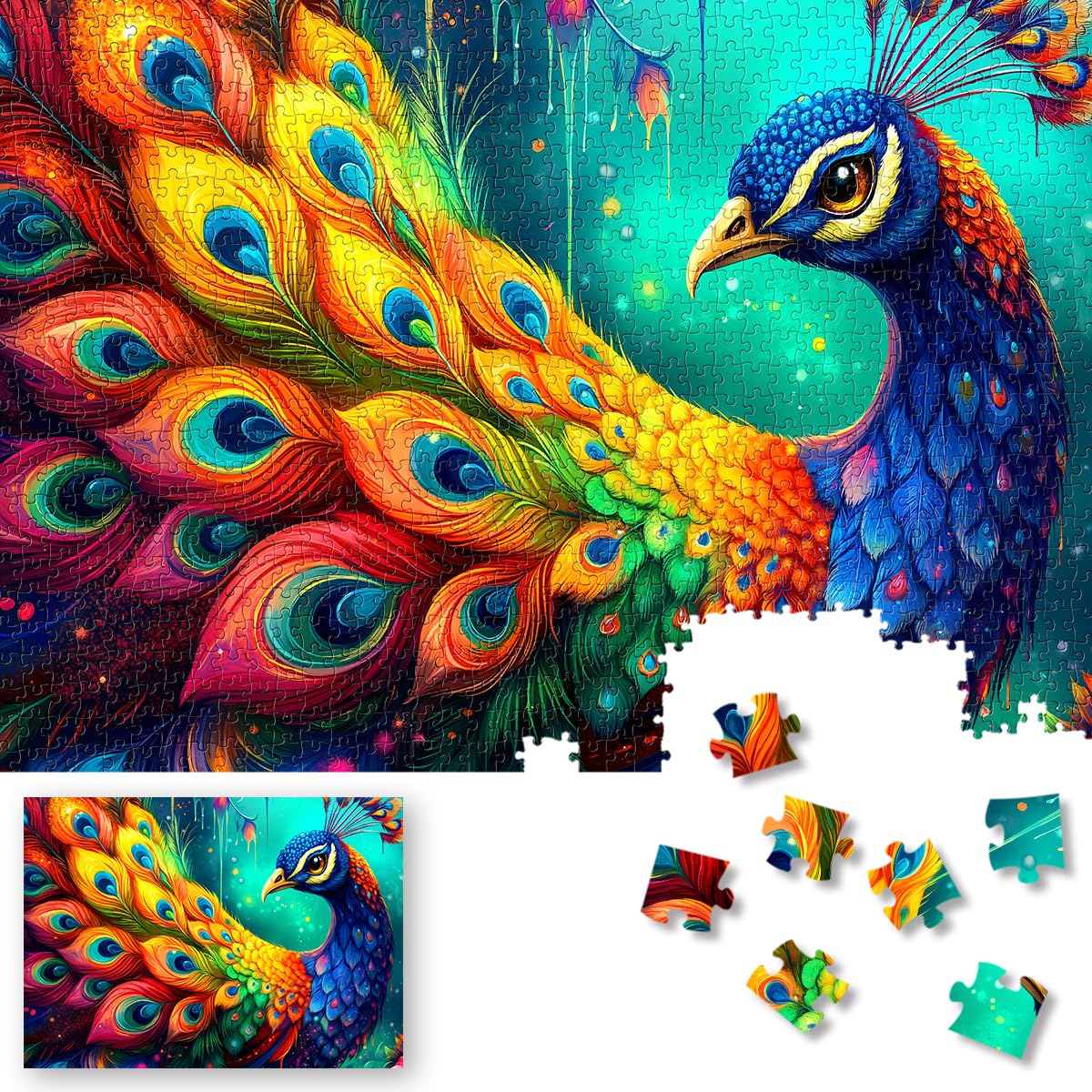 ROSE RAIN 1000-piece puzzle with a vibrant peacock design for mindful relaxation