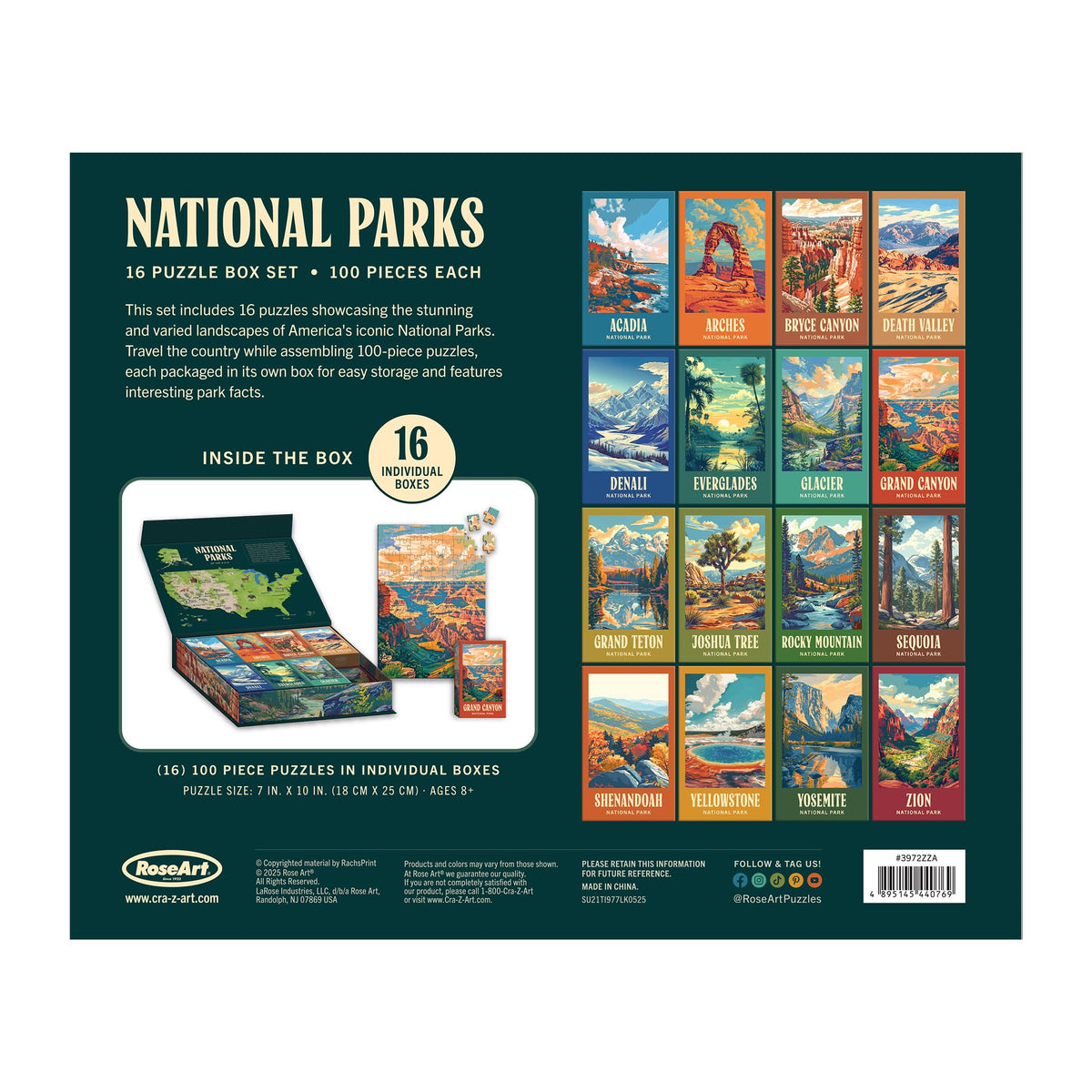 RoseArt box set puzzles—16 mini 100-piece puzzles for quick, satisfying builds.