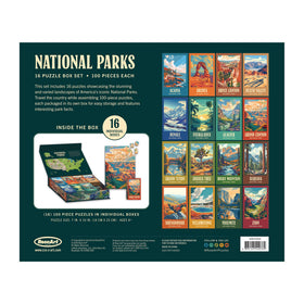 RoseArt box set puzzles—16 mini 100-piece puzzles for quick, satisfying builds.
