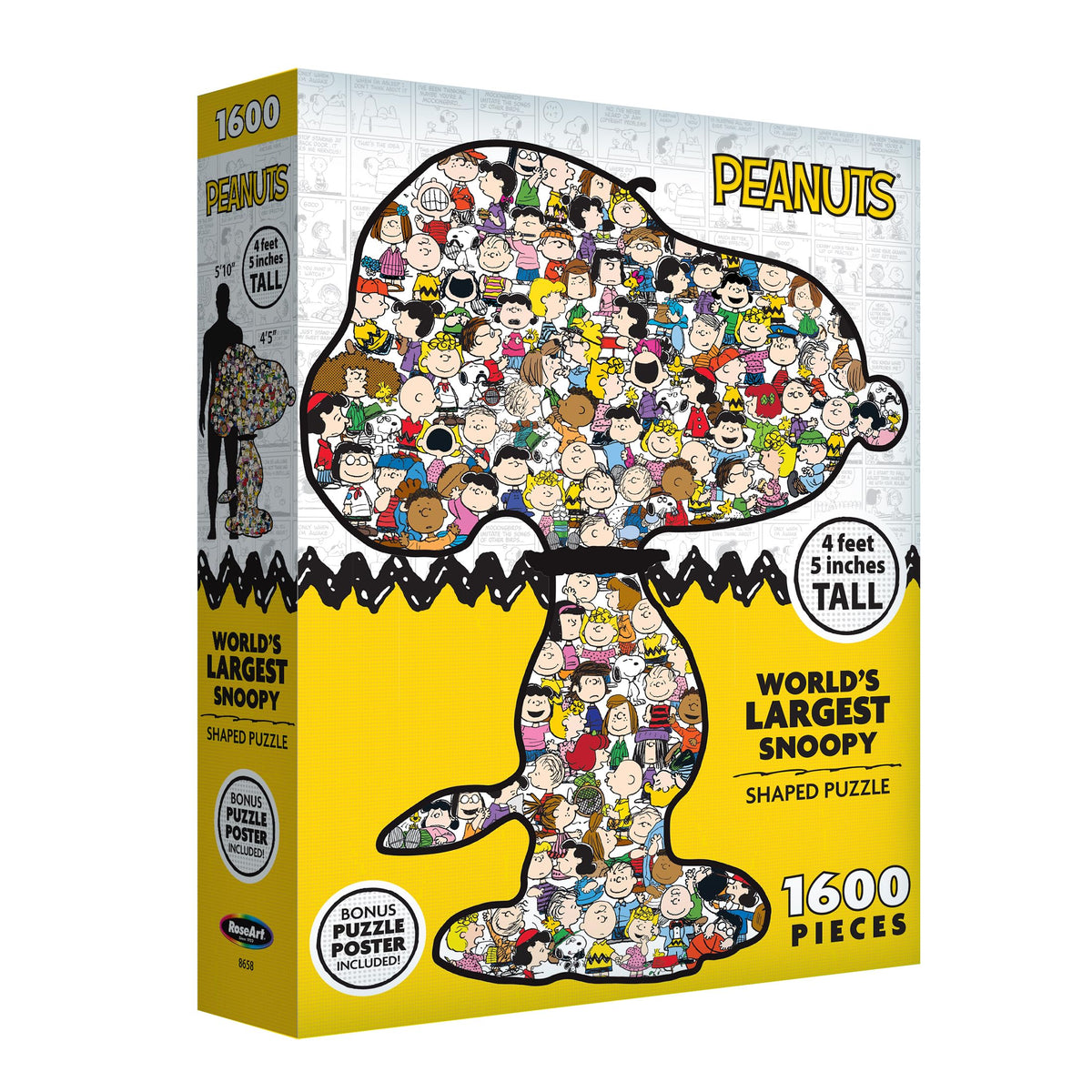 RoseArt Snoopy Puzzle shaped image highlights Snoopy's playful pose for immersive assembly.