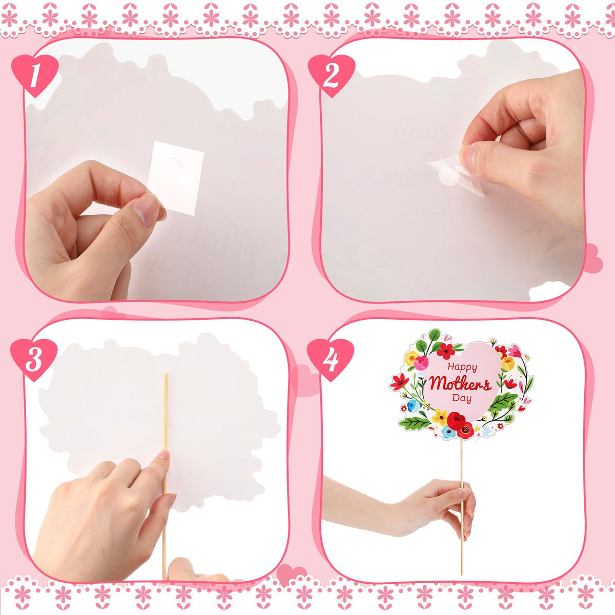 Rotatingpals adhesive dots simplify assembly of the toppers.
