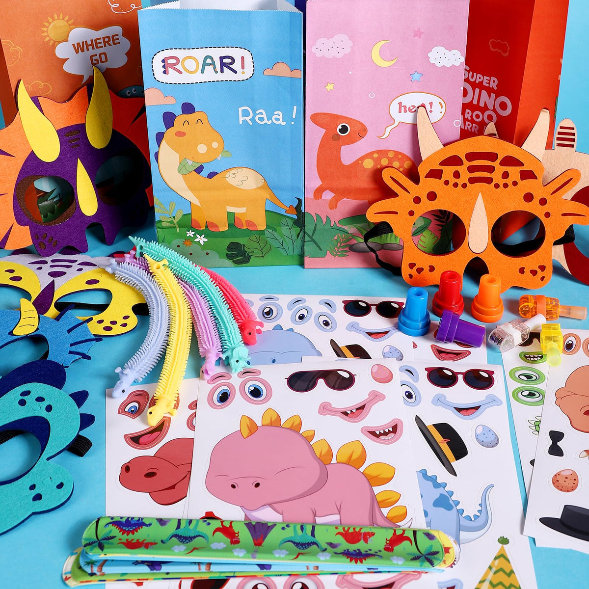 Rotel dinosaur slap bracelets serve as instant prizes during games.