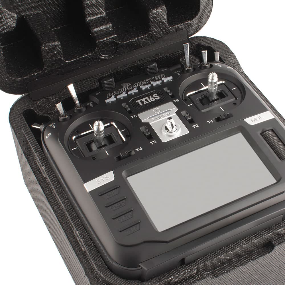 RotorLogic TX16S II close-up emphasizes Hall gimbals and stable input feel.
