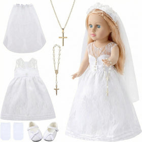 RoundFunny 7-piece first communion dress set for 18 inch dolls, ideal for dress-up play.