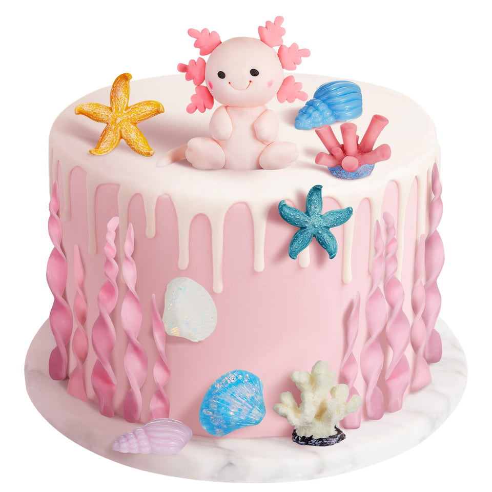 RoundFunny axolotl cake topper adds a cute focal point to ocean-themed celebrations.