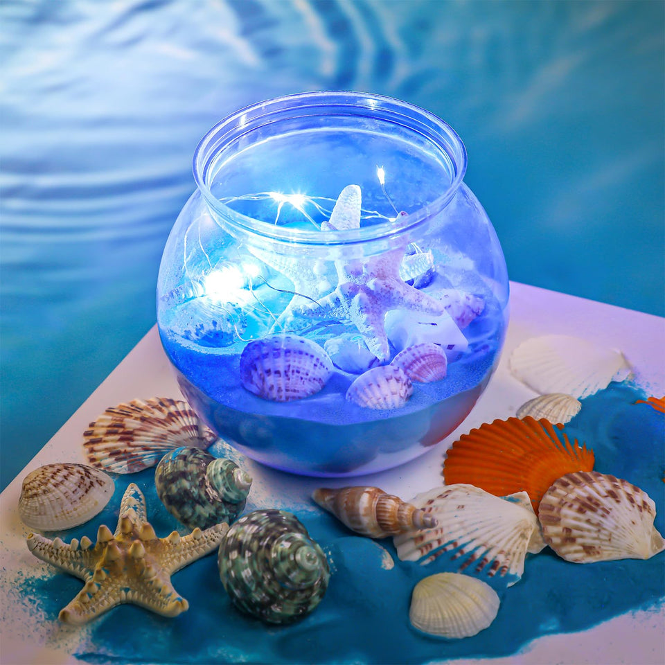 RoundFunny beach-themed centerpieces featuring twelve bowls and shells for coastal ambiance.