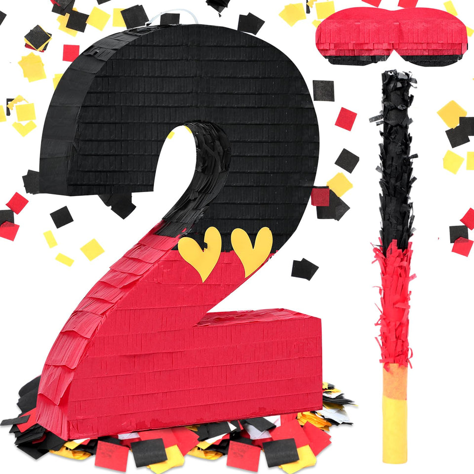 RoundFunny pinata in black and red Number 2—front view for bold first birthday decor.