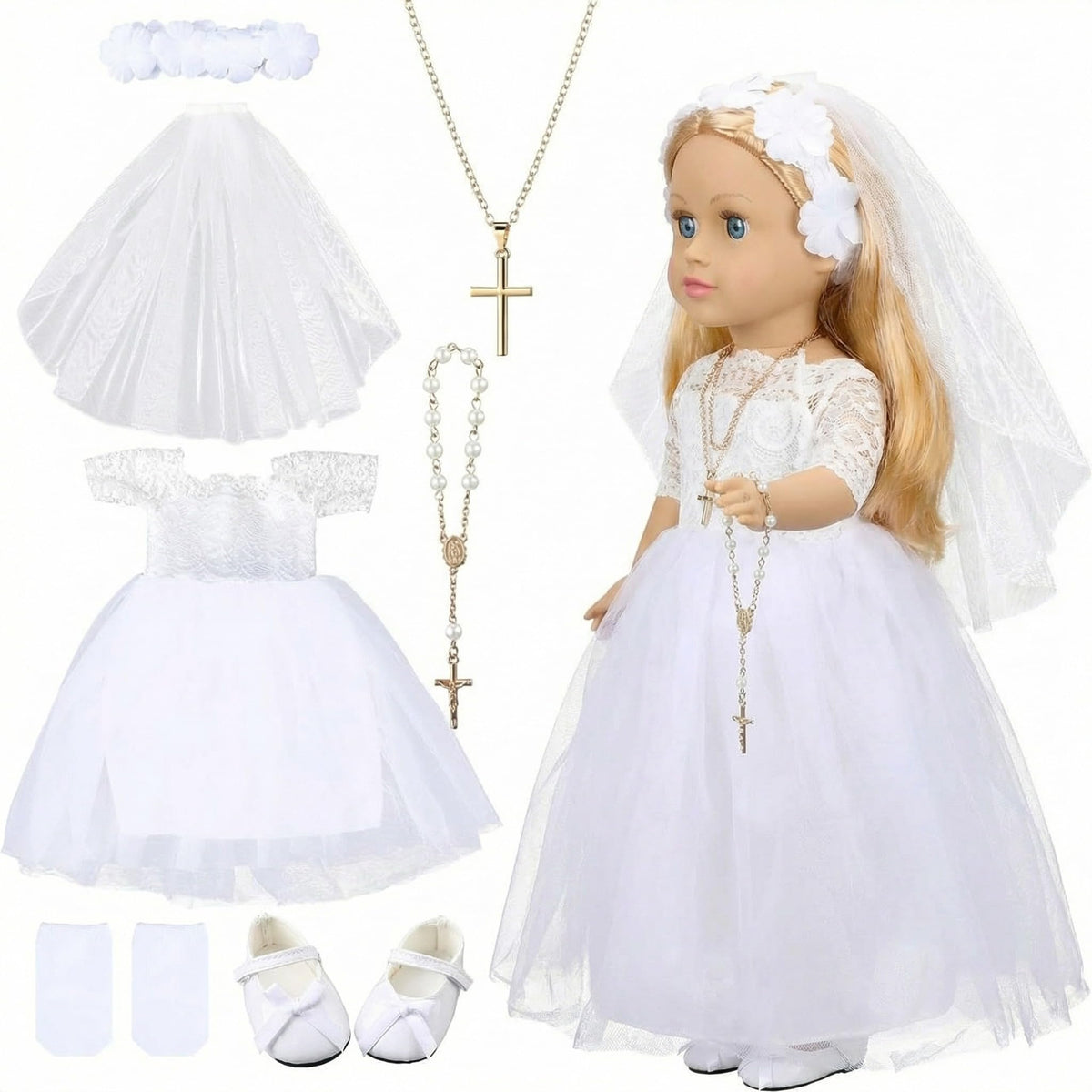 RoundFunny communion dress for 18-inch dolls in white and gold.