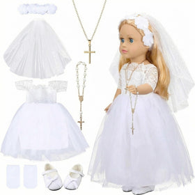 RoundFunny communion dress for 18-inch dolls in white and gold.
