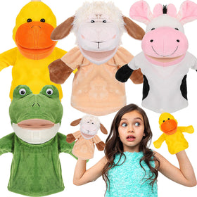 RoundFunny cow puppet with movable mouth for interactive storytelling.