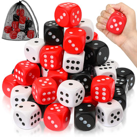 RoundFunny foam dice stress ball in black, white, and red for tactile relief and focus.