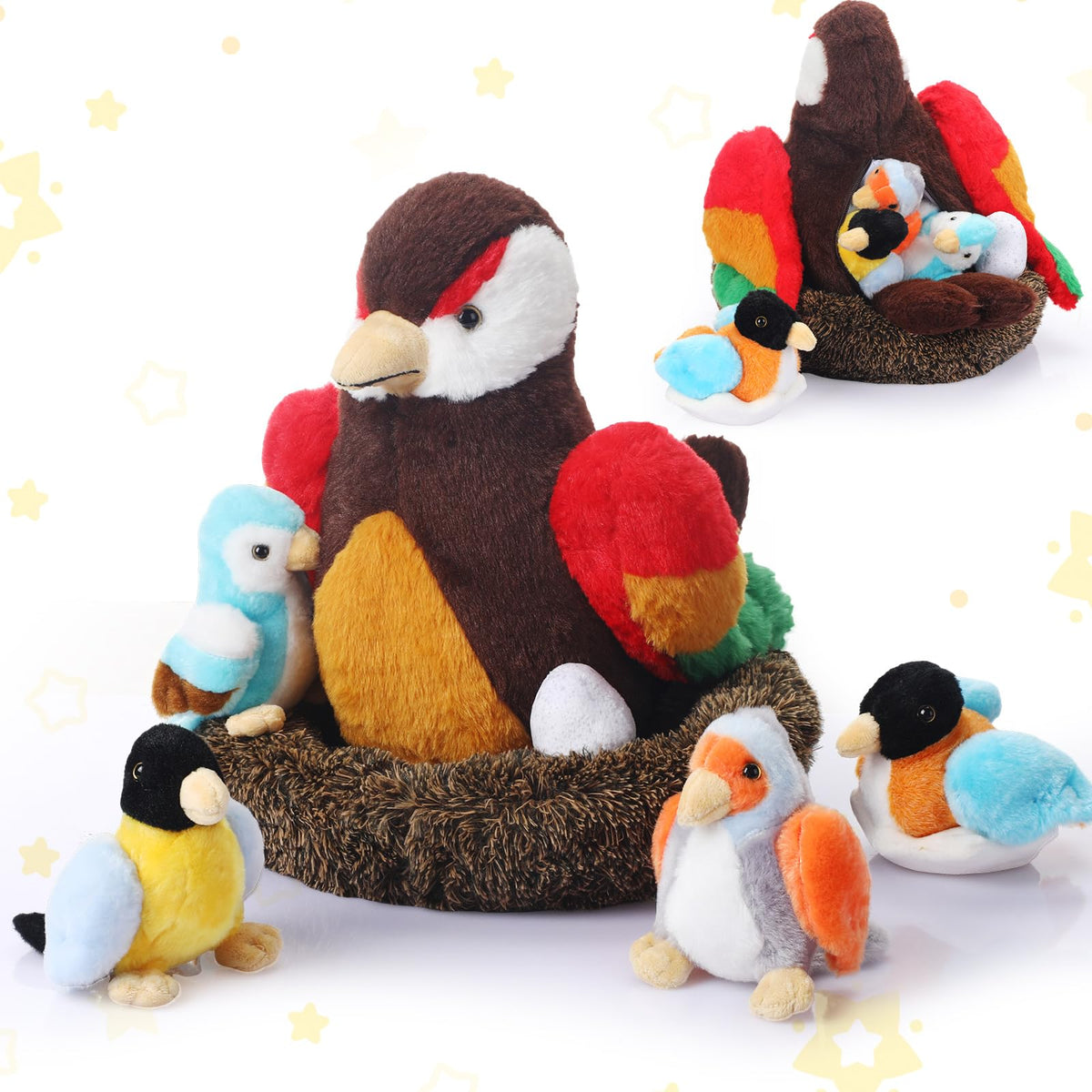 RoundFunny mommy bird plush toy ready for hugs, featuring soft texture and warm tones.