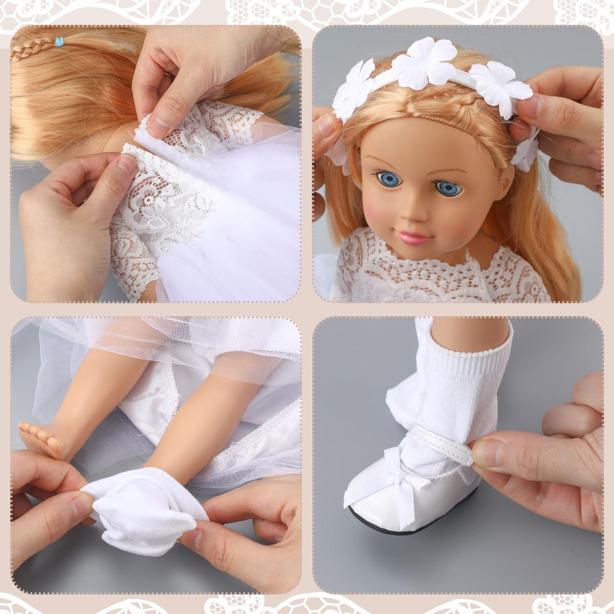 RoundFunny prayer beads bracelet for 18-inch dolls enhances the ensemble.