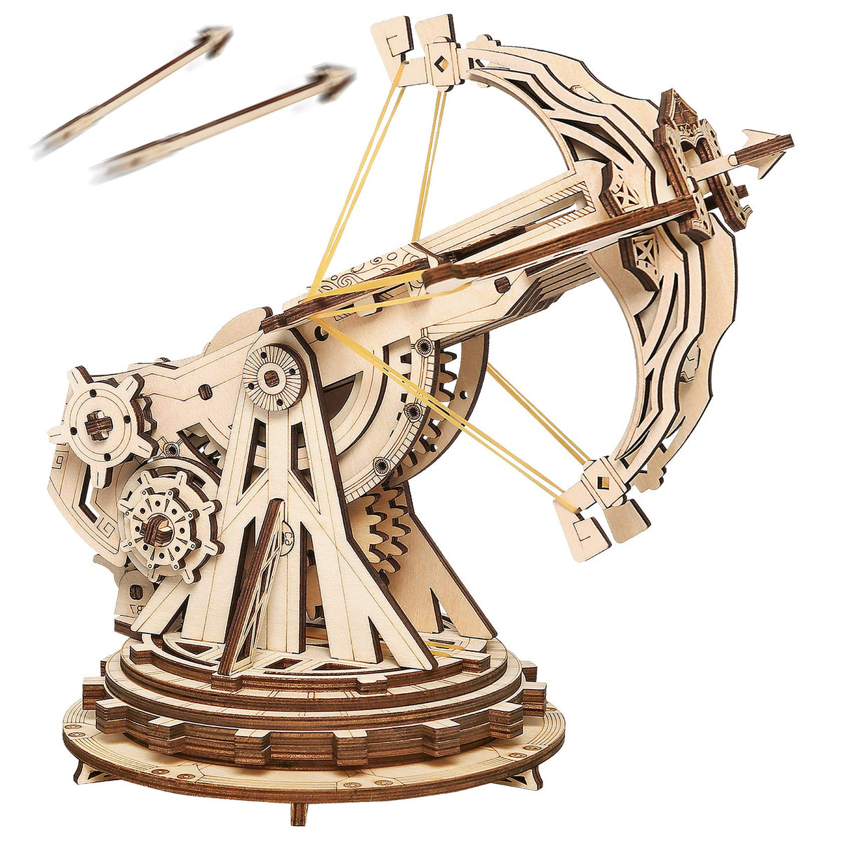 Rowood catapult kit front view with laser-cut parts for adult assembly