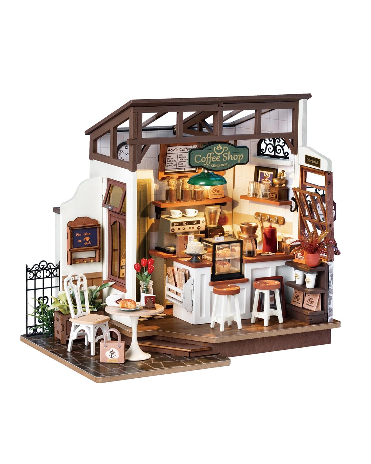 Rowood Coffee Miniature House Kit angle view showing cozy facade and warm vibe for display