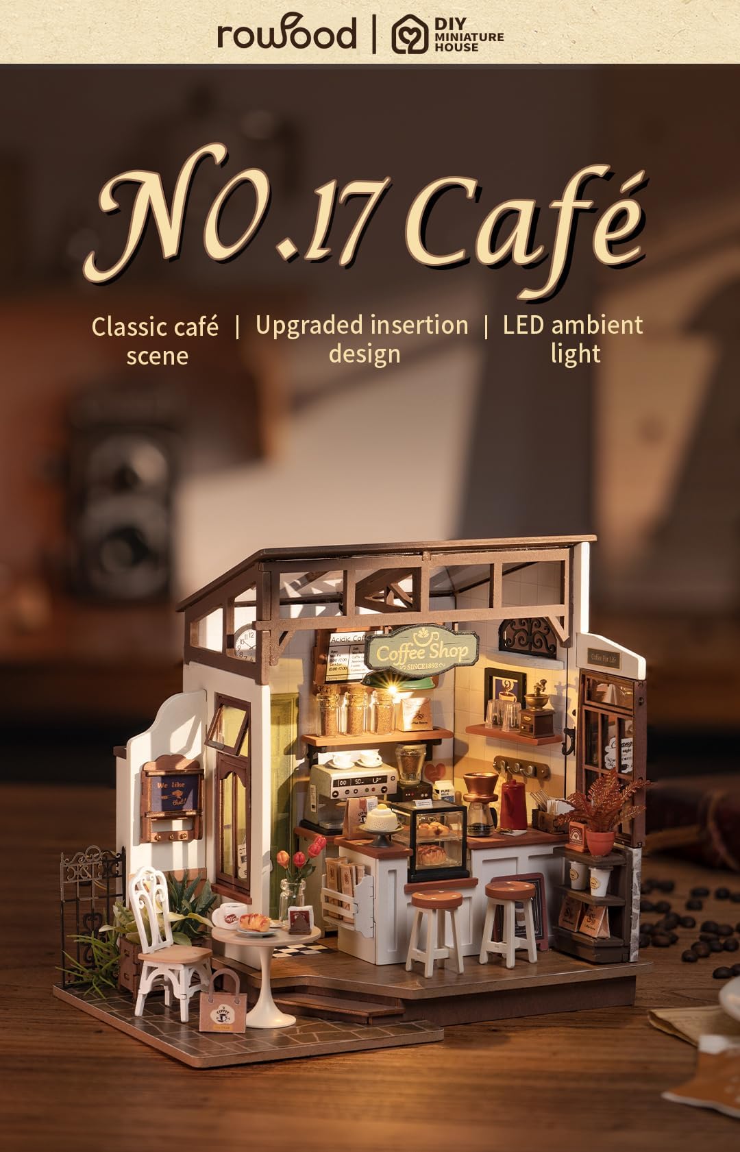 Rowood Coffee Miniature House Kit interior detail highlights wood textures and open layout