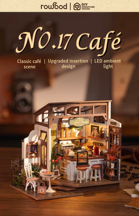 Rowood Coffee Miniature House Kit interior detail highlights wood textures and open layout