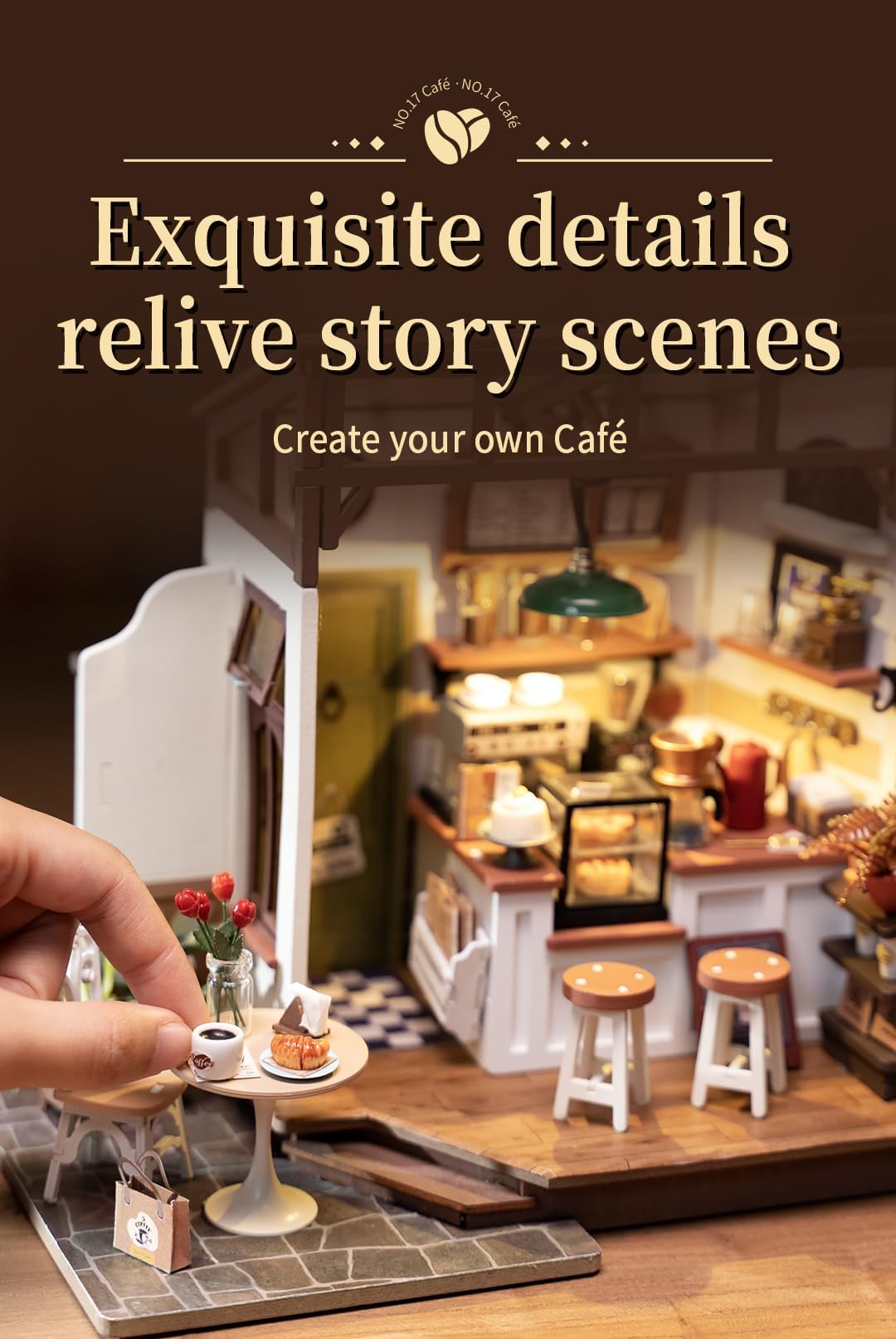 Rowood Coffee Miniature House Kit with LED lighting creates cozy evening ambience