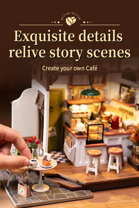 Rowood Coffee Miniature House Kit with LED lighting creates cozy evening ambience