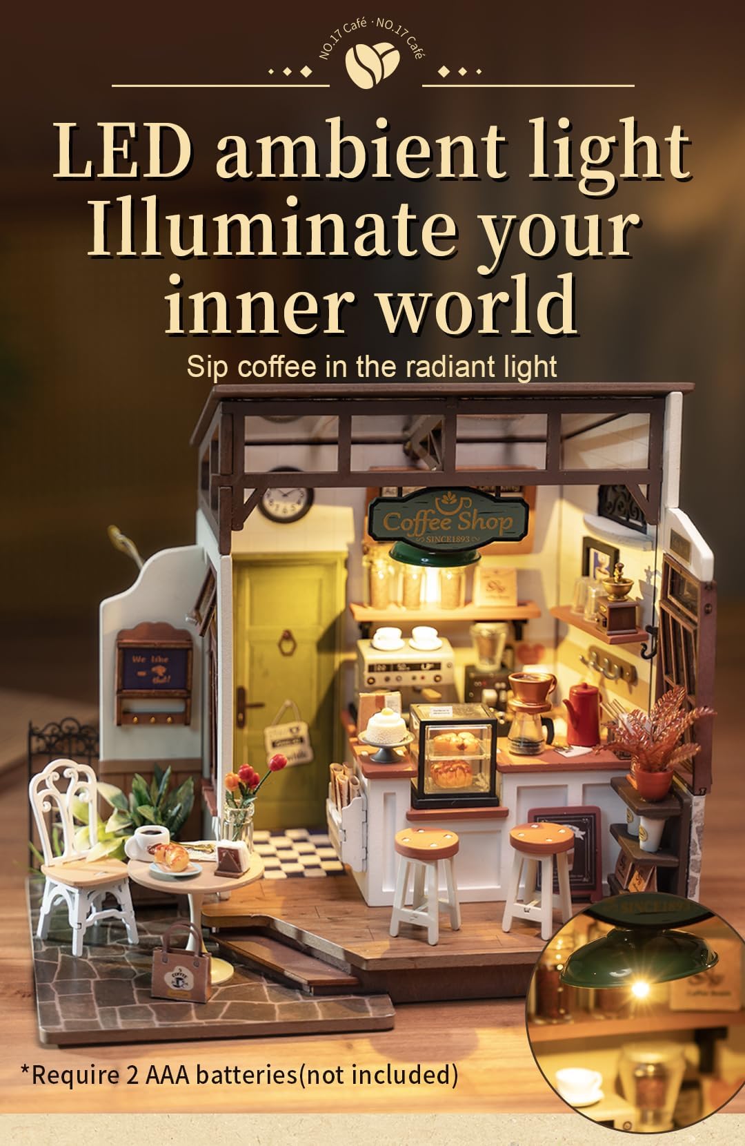 Rowood Miniature Coffee House Kit open layout shows seamless interior and exterior flow