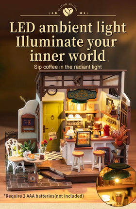 Rowood Miniature Coffee House Kit open layout shows seamless interior and exterior flow