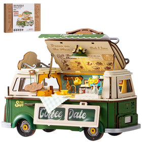 Rowood coffee truck 3D puzzle assembly showcases a detailed build for display.