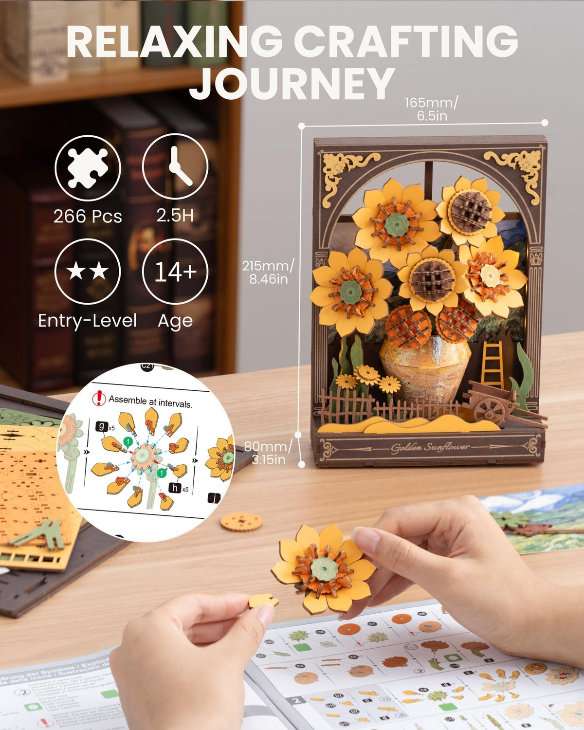 rowood Sunflower 3D Puzzle stem detail highlighting wood texture
