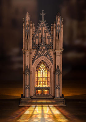 Rowood Twin-Tower Cathedral with LED puzzle—dramatic gothic silhouette for home display.