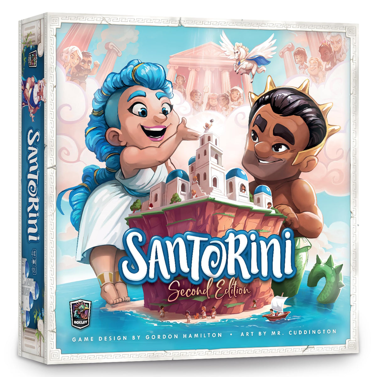 Roxley Games Santorini Second Edition box ready for game night, quick setup and play
