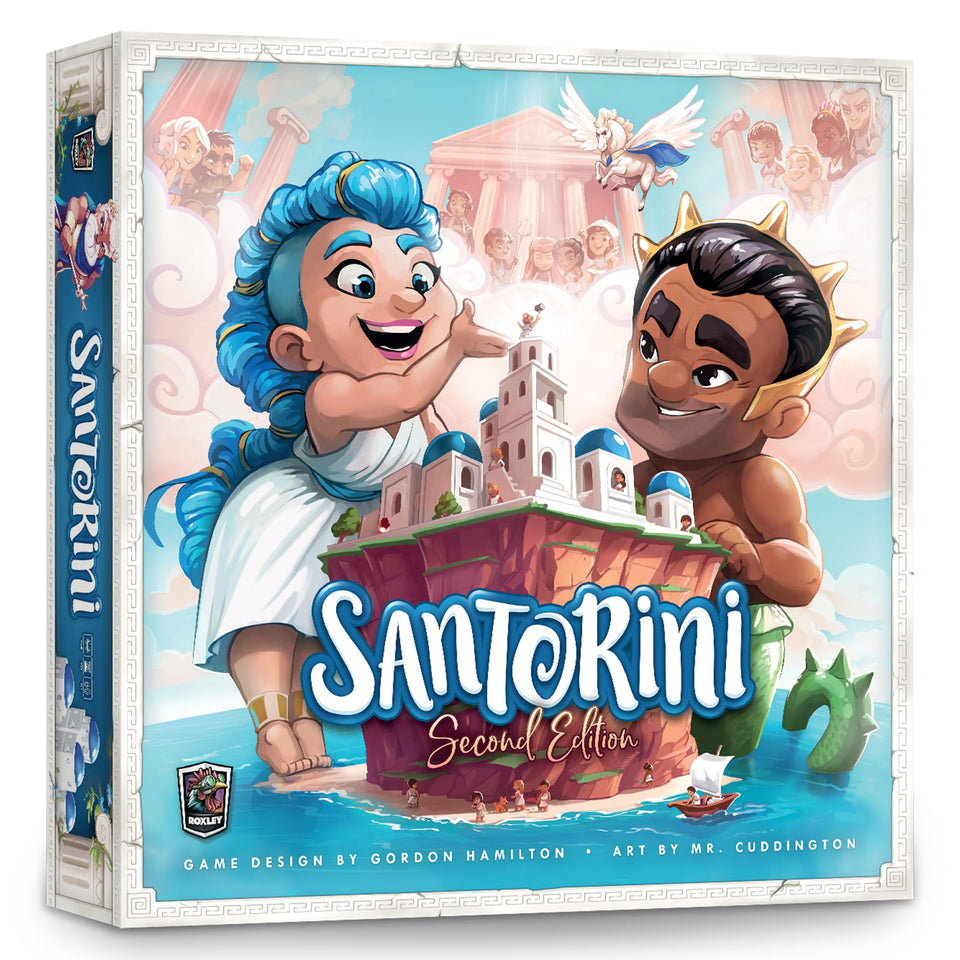 Roxley Games Santorini Second Edition box ready for game night, quick setup and play