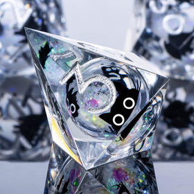 Cat-themed Roycevon DND dice placed on a table for immersive gameplay.