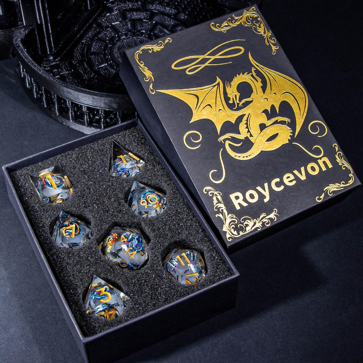 Roycevon DND dice storage jar with foam inserts protects dice