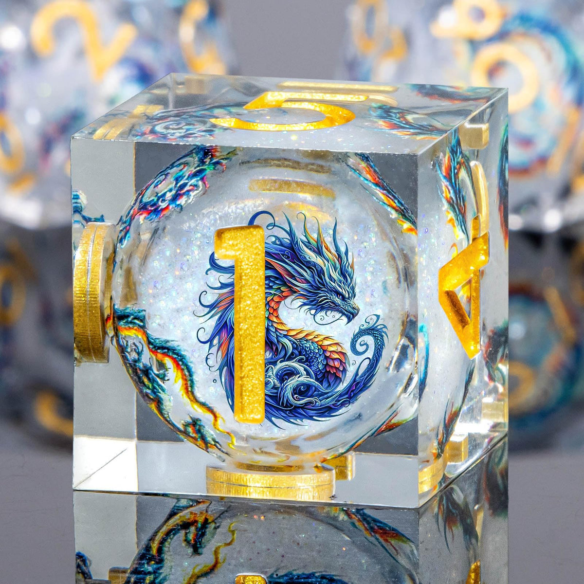 Roycevon dragon pattern DND dice close-up resin texture showcases craftsmanship