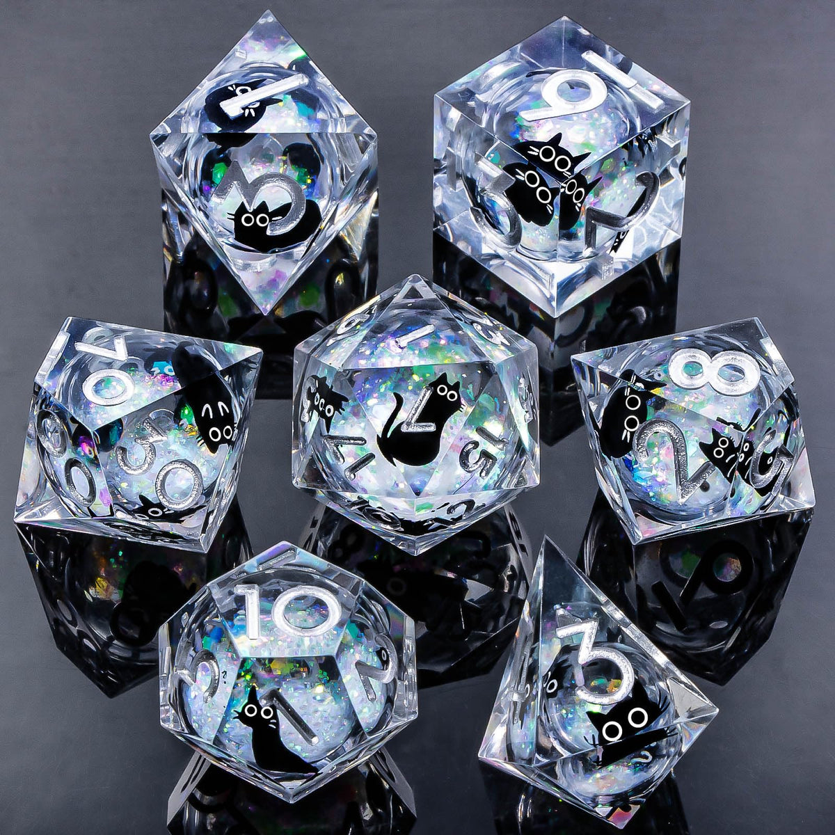Close-up of Roycevon liquid-core DND dice showing clear surface for smooth rolling.