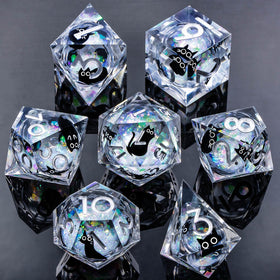 Close-up of Roycevon liquid-core DND dice showing clear surface for smooth rolling.