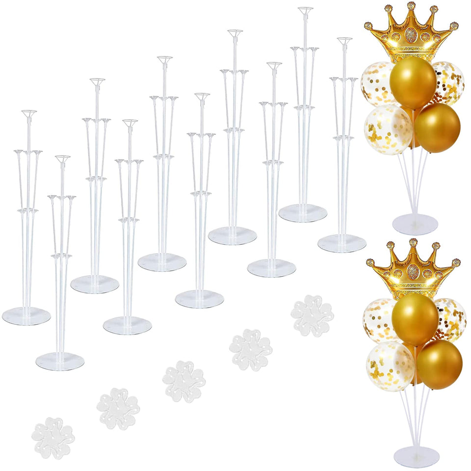 ROYUYE 10-set balloon stand collection on a table for elegant party decor.