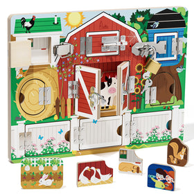 RRIBOUDWAN farm adventure busy board front view; engaging sensory play for toddlers.
