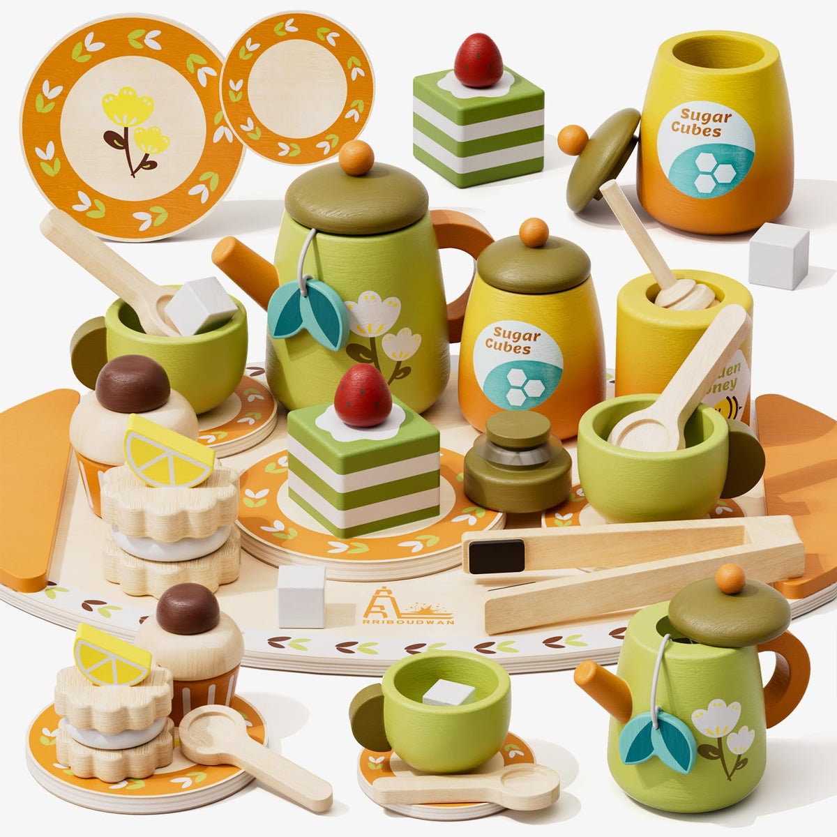 RRIBOUDWAN wooden tea set for toddlers with cups and pours for imaginative play