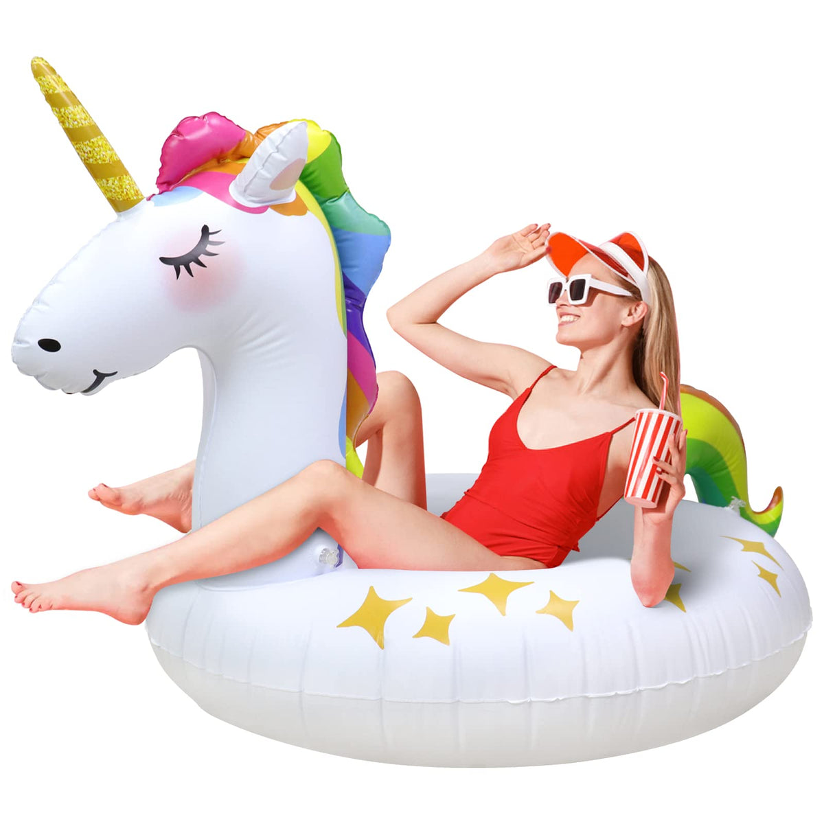 Rtudan unicorn pool float front view with vibrant colors and stars for summer fun