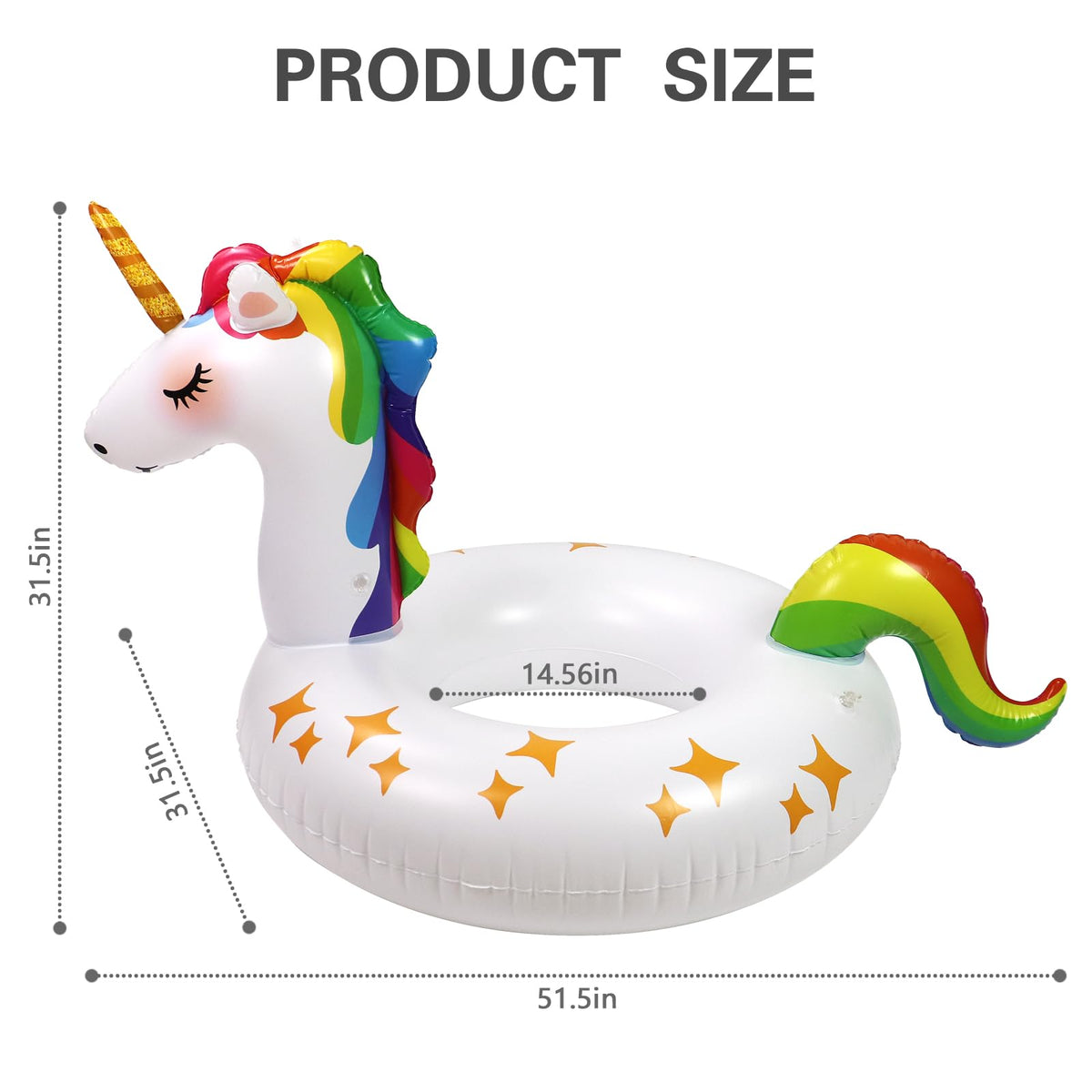 Rtudan unicorn pool float side view showing large buoyant ring for all ages