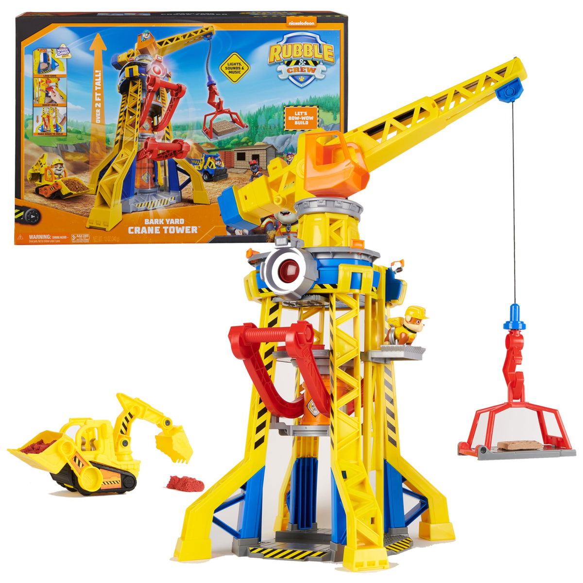 Rubble & Crew Bark Yard Crane Tower front view with lights for imaginative play