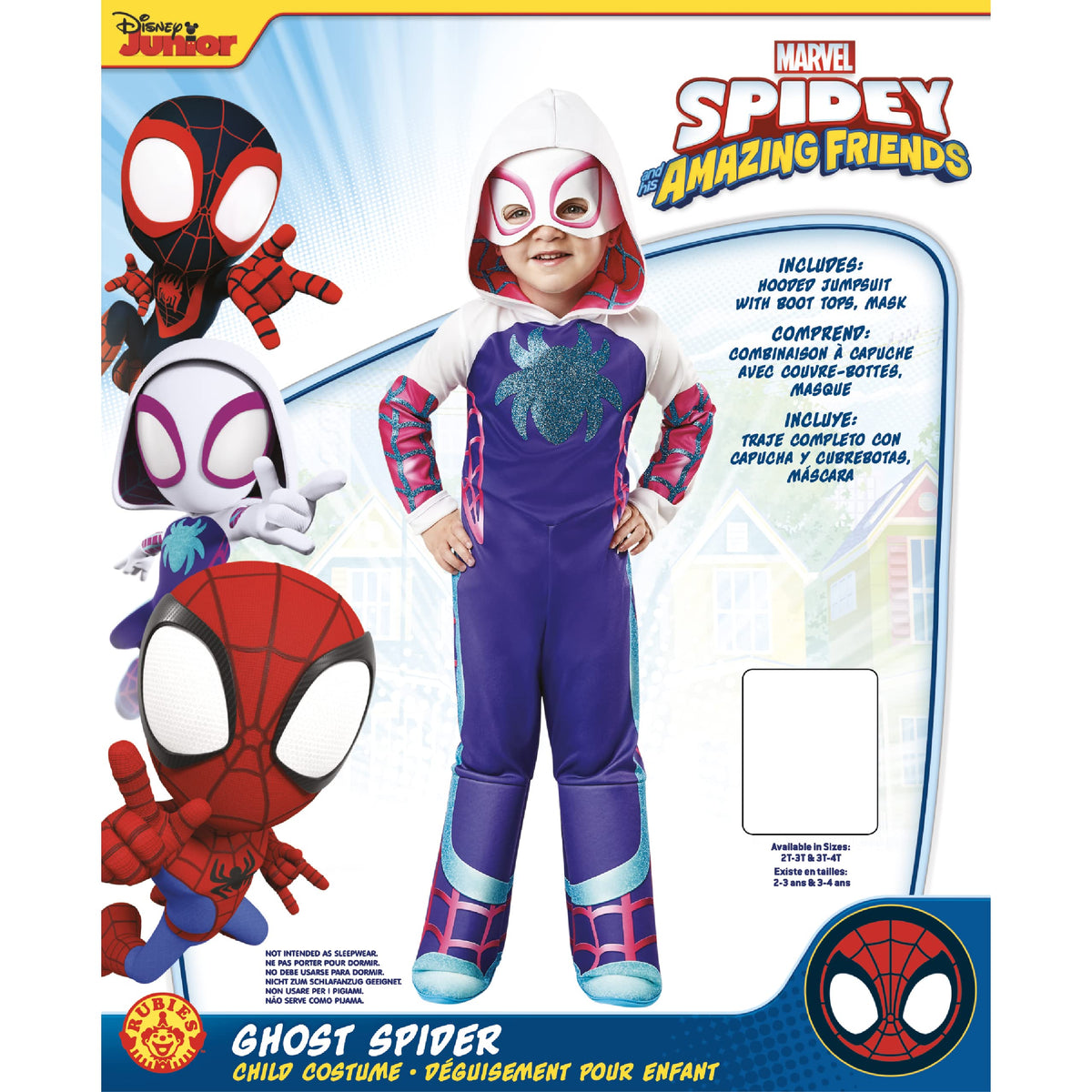 Rubies costume packaging displays licensing and size guidance for caregivers.