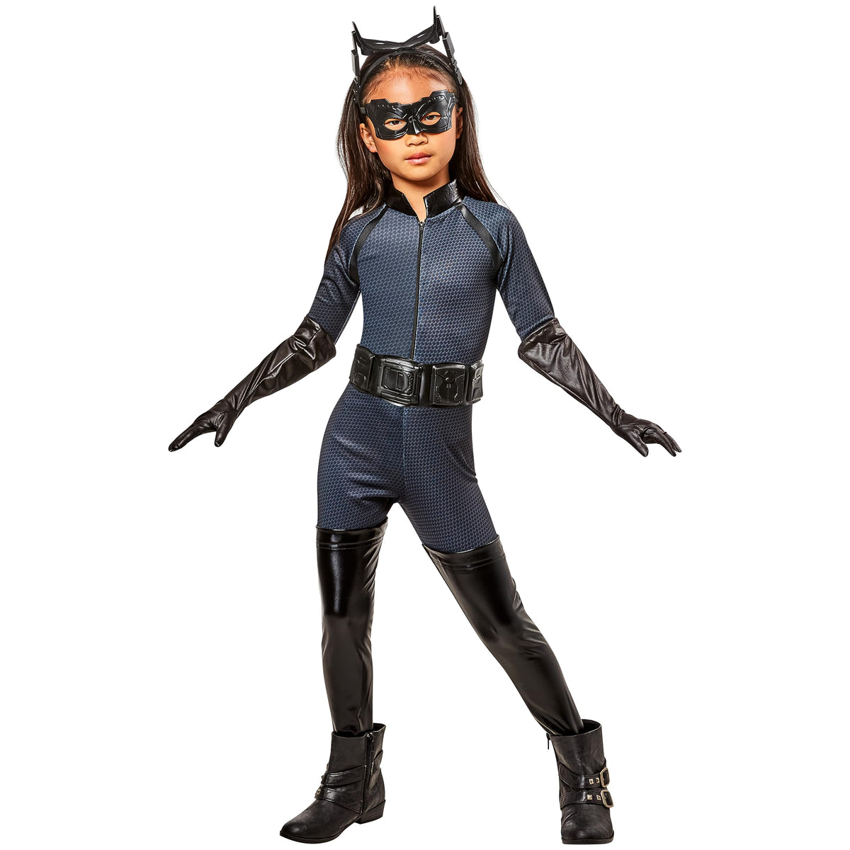 Rubies Catwoman jumpsuit with belt for dramatic, kid-friendly cosplay.