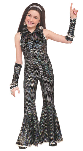 Rubies Disco Jumpsuit front view with silver pattern, ideal for festive disco-themed events.