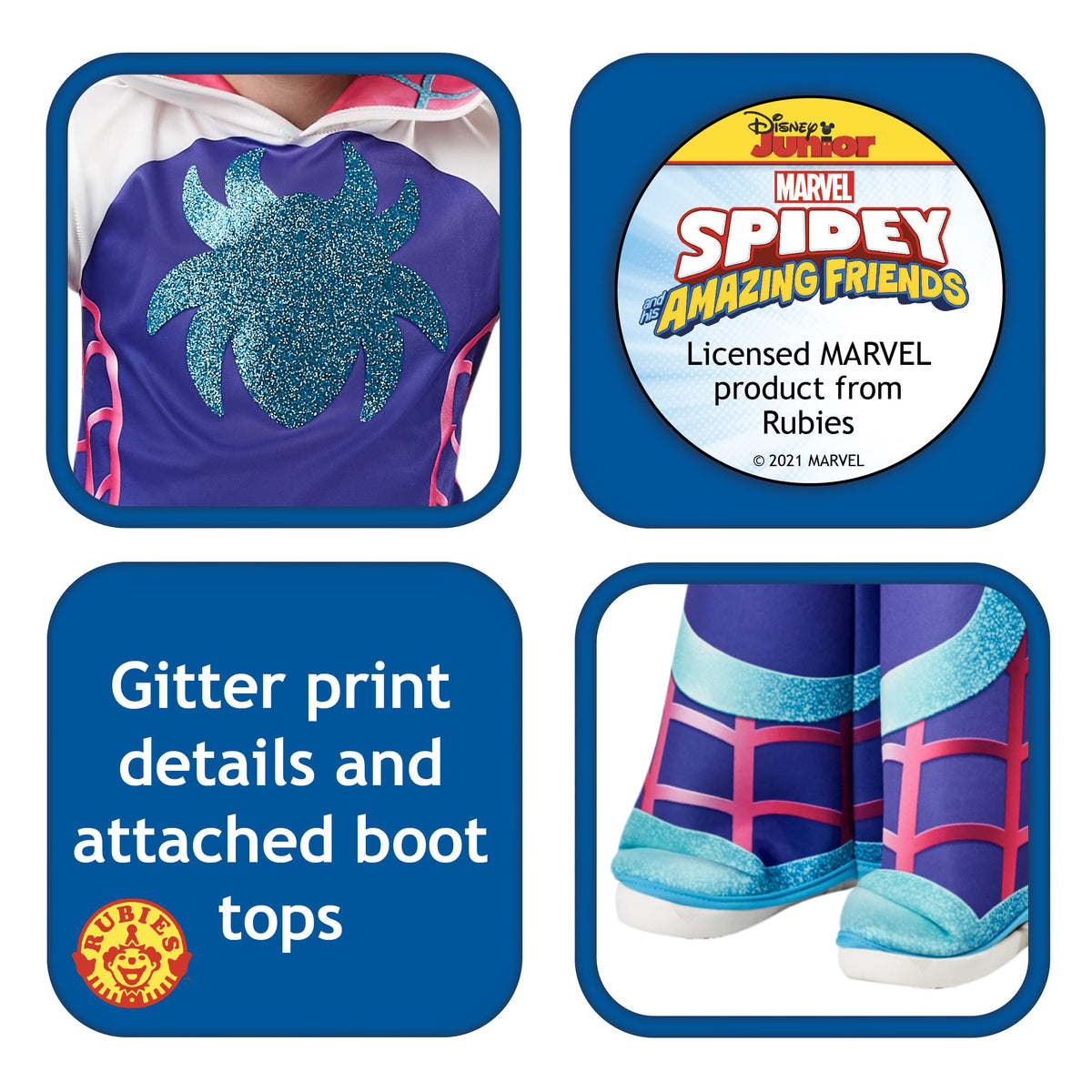 Rubies attached boot-tops provide seamless Spidey look for active play.